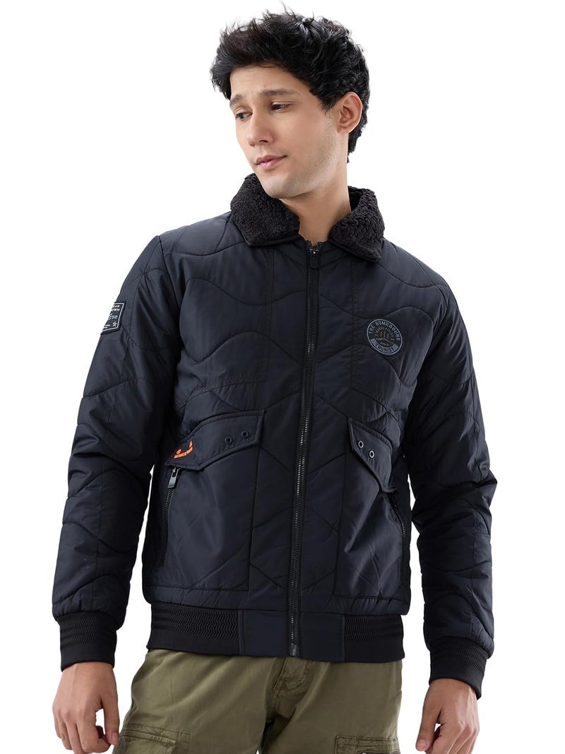 Spykar Men Jet Black Polyester Slim Fit Full Sleeve High Neck Plain Puffer Jacket - Image 5