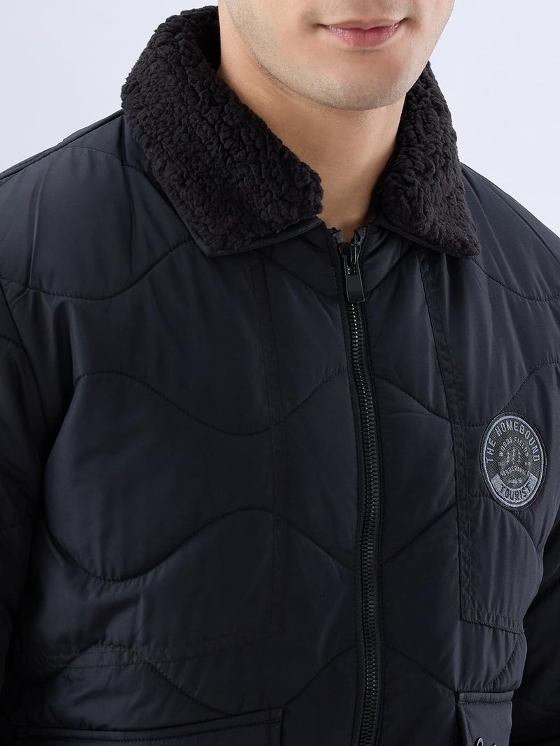 Spykar Men Jet Black Polyester Slim Fit Full Sleeve High Neck Plain Puffer Jacket - Image 3