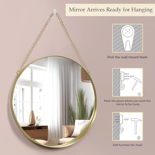ABOUT SPACE 12 Inch Wall Hanging Mirror with Chain-Gold Round Wall Mirror for Living Room, Bedroom, Bathroom,Entryway Aesthetic Room Decor Circle Mirror with Metal Frame (Golden - W 30 x H 45 cm) - Image 3