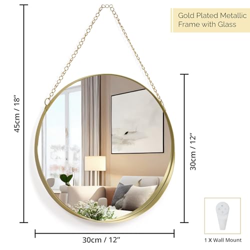 ABOUT SPACE 12 Inch Wall Hanging Mirror with Chain-Gold Round Wall Mirror for Living Room, Bedroom, Bathroom,Entryway Aesthetic Room Decor Circle Mirror with Metal Frame (Golden - W 30 x H 45 cm) - Image 2