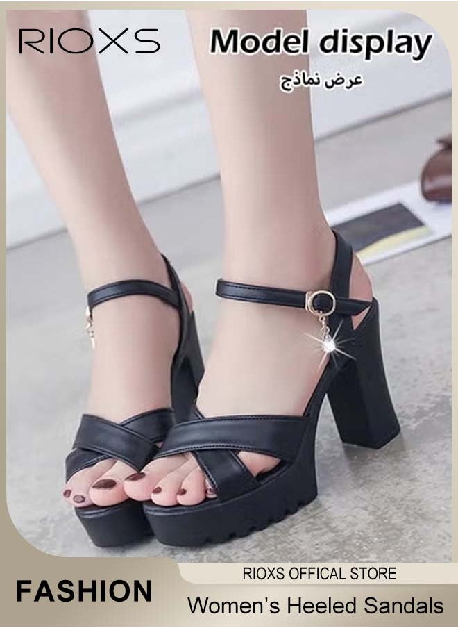 RIOXS - Womens Fashion High Heel Sandals, Casual Ankle Strap Chunky Heel Shoes, Lightweight Round Toe Shoes, Ladies Platform Heeled Sandals, Women's Platform Chunky With Ankle Strap, Block Heel Summer Dress Shoes - Image 1