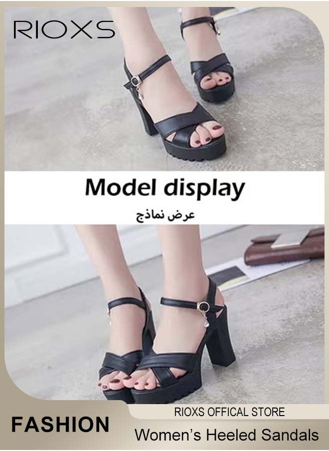 RIOXS - Womens Fashion High Heel Sandals, Casual Ankle Strap Chunky Heel Shoes, Lightweight Round Toe Shoes, Ladies Platform Heeled Sandals, Women's Platform Chunky With Ankle Strap, Block Heel Summer Dress Shoes - Image 1