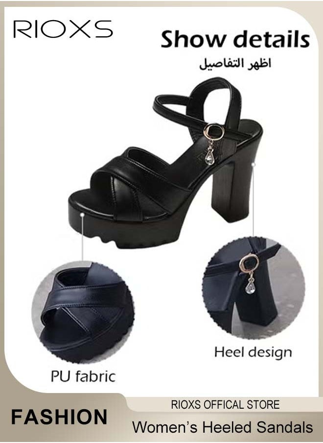 RIOXS - Womens Fashion High Heel Sandals, Casual Ankle Strap Chunky Heel Shoes, Lightweight Round Toe Shoes, Ladies Platform Heeled Sandals, Women's Platform Chunky With Ankle Strap, Block Heel Summer Dress Shoes - Image 1