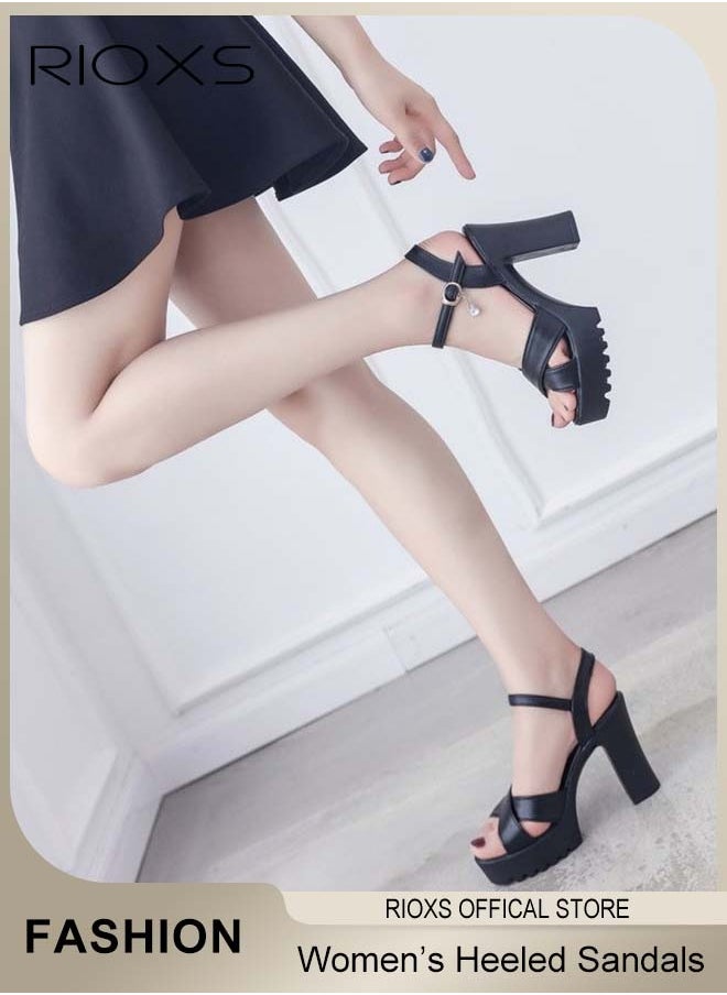 RIOXS - Womens Fashion High Heel Sandals, Casual Ankle Strap Chunky Heel Shoes, Lightweight Round Toe Shoes, Ladies Platform Heeled Sandals, Women's Platform Chunky With Ankle Strap, Block Heel Summer Dress Shoes - Image 1