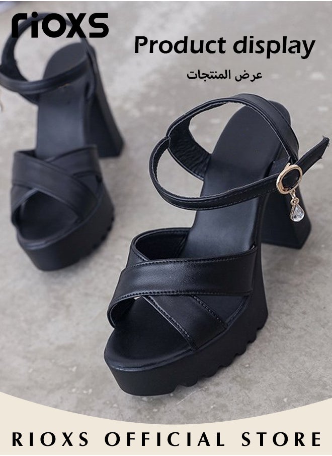 RIOXS - Womens Fashion High Heel Sandals, Casual Ankle Strap Chunky Heel Shoes, Lightweight Round Toe Shoes, Ladies Platform Heeled Sandals, Women's Platform Chunky With Ankle Strap, Block Heel Summer Dress Shoes - Image 1