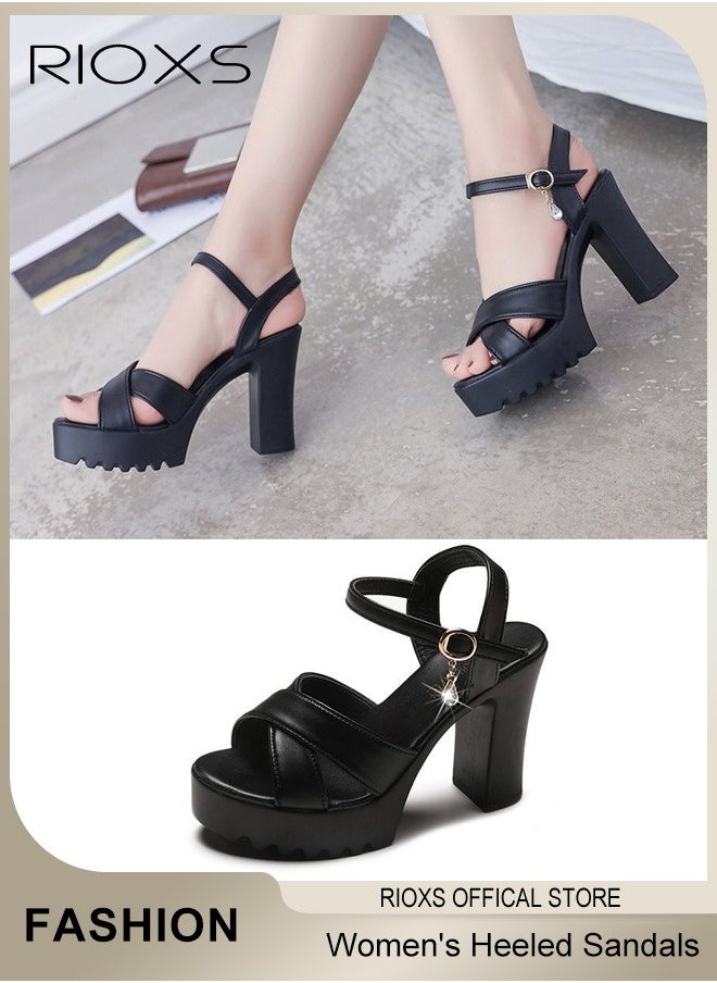 RIOXS - Womens Fashion High Heel Sandals, Casual Ankle Strap Chunky Heel Shoes, Lightweight Round Toe Shoes, Ladies Platform Heeled Sandals, Women's Platform Chunky With Ankle Strap, Block Heel Summer Dress Shoes - Image 1