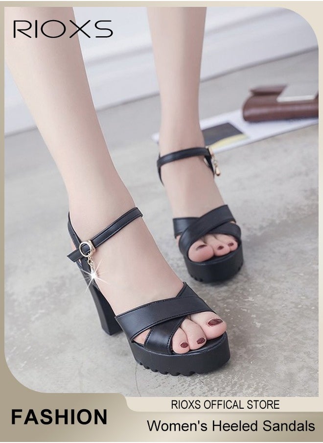 RIOXS - Womens Fashion High Heel Sandals, Casual Ankle Strap Chunky Heel Shoes, Lightweight Round Toe Shoes, Ladies Platform Heeled Sandals, Women's Platform Chunky With Ankle Strap, Block Heel Summer Dress Shoes - Image 1