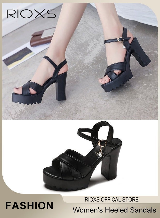 RIOXS Women's Platform Chunky Block Heel Sandals, Summer High Heel Open-toe Ankle Strap Pumps Shoes, Trendy Anti-slip Strappy Buckle Sandals, Comfortable Strappy Dress Shoes Platform Heeled Sandals, Suitable for Parties, Weddings, Proms, Dating, Daily Wear and More, Black - Image 2