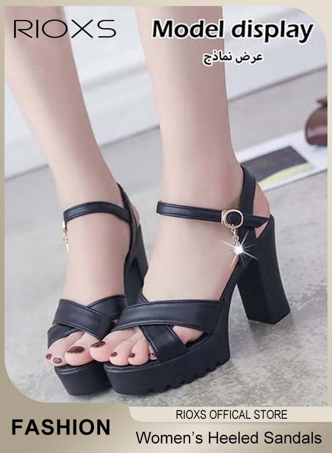 RIOXS Women's Platform Chunky Block Heel Sandals, Summer High Heel Open-toe Ankle Strap Pumps Shoes, Trendy Anti-slip Strappy Buckle Sandals, Comfortable Strappy Dress Shoes Platform Heeled Sandals, Suitable for Parties, Weddings, Proms, Dating, Daily Wear and More, Black - Image 1