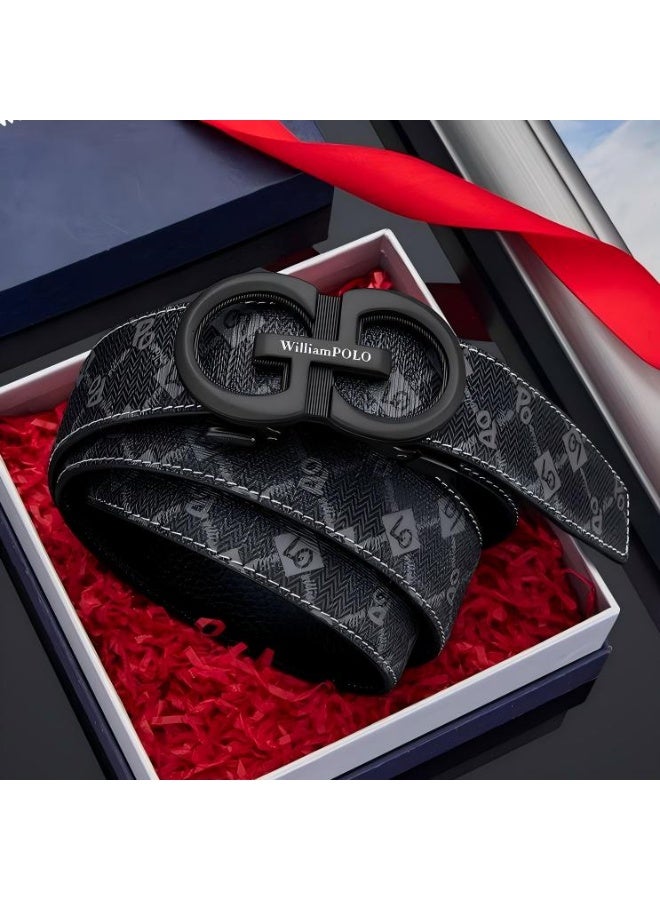 وليام بولو حزام جلدي رجالي من سبائك الزنك مع سحاب لارتداء الجينز والسراويل الرسمية، حزام قابل للتعديل مع مشبك أوتوماتيكي غير لامع من سبائك معدنية، حزام أسود عصري بطول 125 سم، هدية للرجال - Image 1