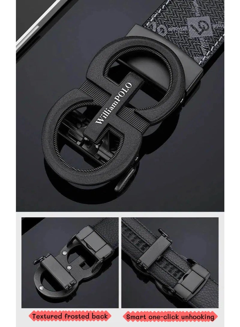 وليام بولو حزام جلدي رجالي من سبائك الزنك مع سحاب لارتداء الجينز والسراويل الرسمية، حزام قابل للتعديل مع مشبك أوتوماتيكي غير لامع من سبائك معدنية، حزام أسود عصري بطول 125 سم، هدية للرجال - Image 4