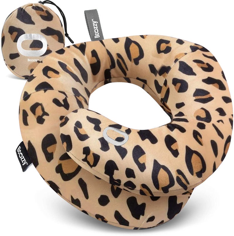 BCOZZY Travel Neck Pillow for Airplane â€“ Patented Double Support for Head, Neck, and Chin. Best for Long Flights, Plane Sleeping, and Car Rides. Adjustable Size. Washable. Carry Bag. Large, Leopard - Image 1