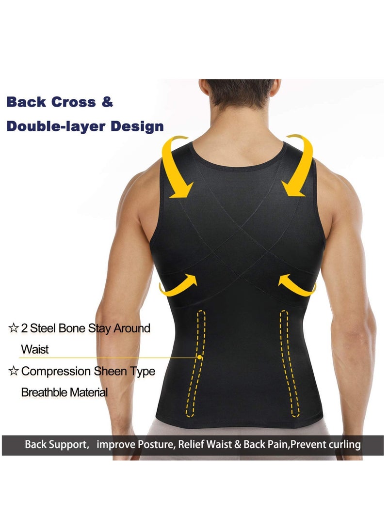 Excefore - Men Compression Shirts Slimming Undershirts Shapewear Waist Trainer Body Shaper Vest Zipper Tank Top Men, L Size - Image 1