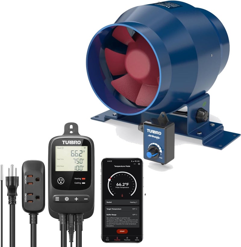 TURBRO 4 Inch Inline Duct Fan with Smart Temperature Controller Kit, WiFi-Enabled Thermostat with Timer and Temperature Monitoring, Variable Speed Controlled for Grow Tent and Ventilation - Image 1