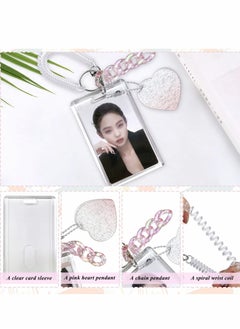Excefore Acrylic Photocard Holders Keychain ID Badge Holder with Spiral Wrist Coil Transparent Card Waterproof Photo Protector for School Office Access Women Girls (Pink, 2Pcs)  - Image 3