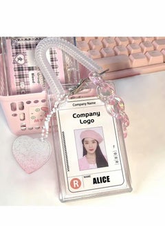 Excefore Acrylic Photocard Holders Keychain ID Badge Holder with Spiral Wrist Coil Transparent Card Waterproof Photo Protector for School Office Access Women Girls (Pink, 2Pcs)  - Image 1