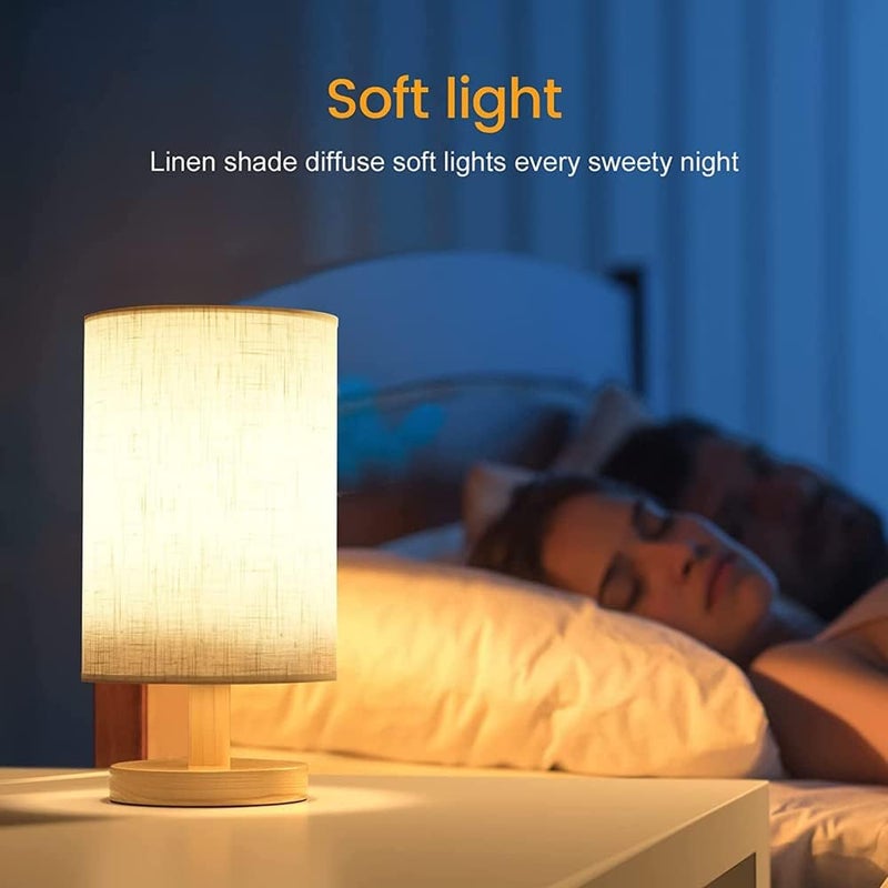 LINJIE Bedside Table Lamp, Bedroom Decorative Small Lamp, Wooden Lamp With Fabric Lampshade Small Table Lamp, Applicable To The Room, Living Room, Office, - Image 3