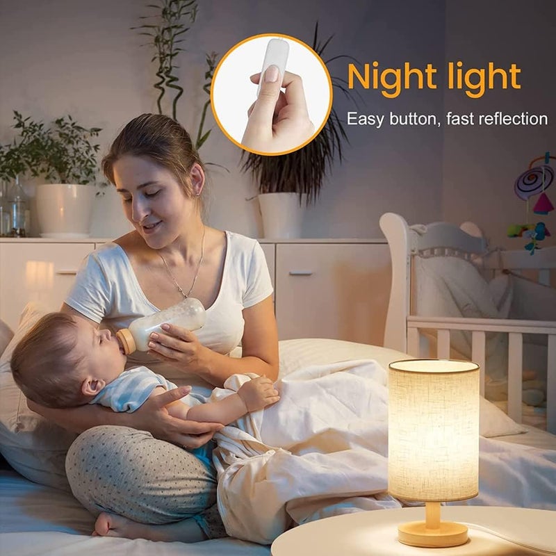 LINJIE Bedside Table Lamp, Bedroom Decorative Small Lamp, Wooden Lamp With Fabric Lampshade Small Table Lamp, Applicable To The Room, Living Room, Office, - Image 2