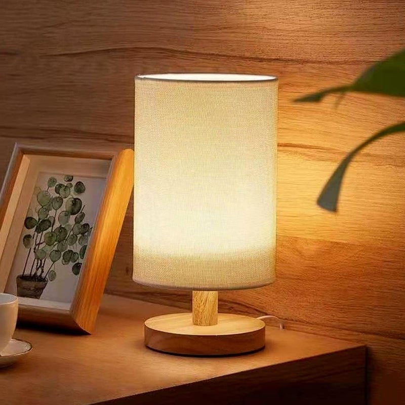 LINJIE Bedside Table Lamp, Bedroom Decorative Small Lamp, Wooden Lamp With Fabric Lampshade Small Table Lamp, Applicable To The Room, Living Room, Office, - Image 1
