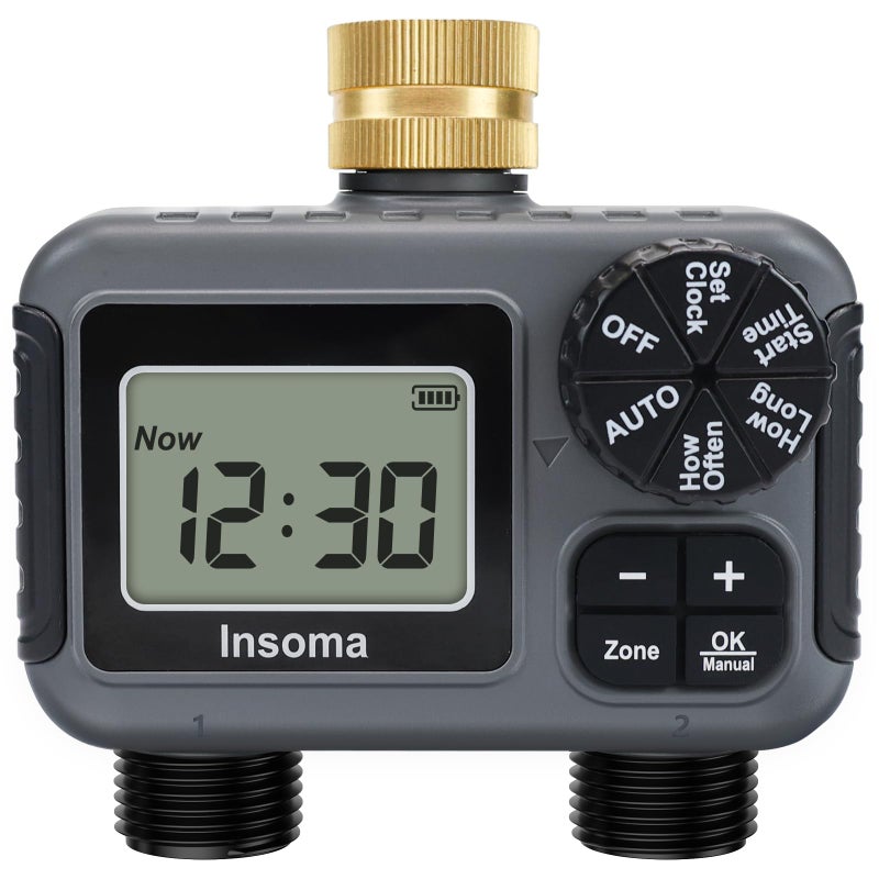 Insoma 2Zone Hose Timer Brass Inlet Dual Outlet Sprinkler Timer with Rain DelayManualAuto Modes 2Outlet Water Timers for GardenGreenhouseFlower Irrigation Durable Faucet Timers for Lawn Care - Image 2