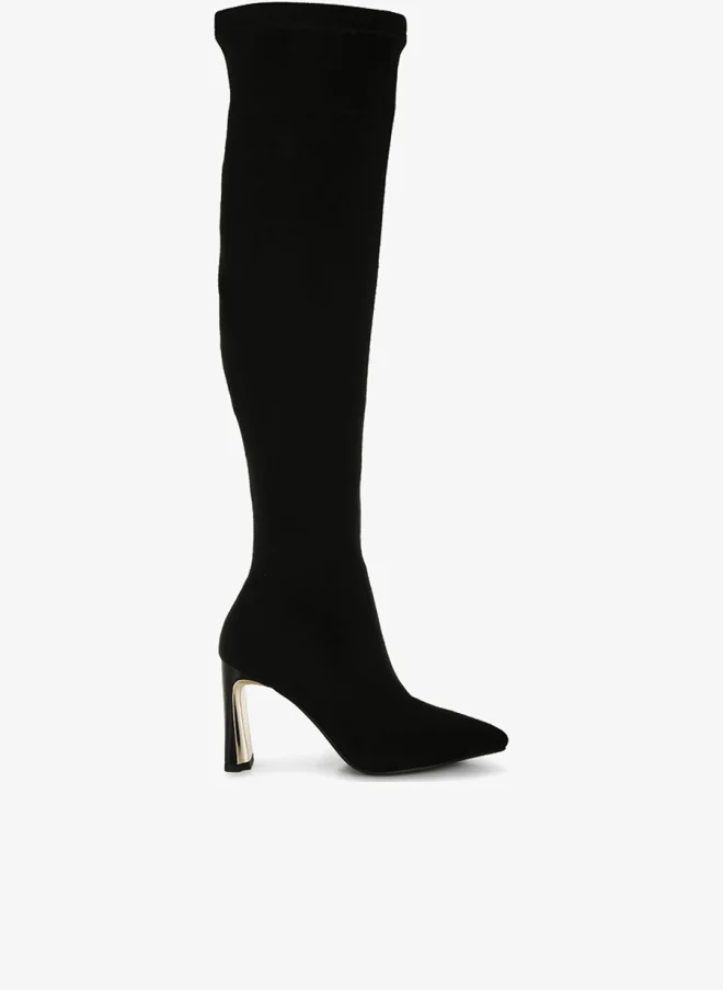 London Rag Slim Block Heel Long Boots in Black