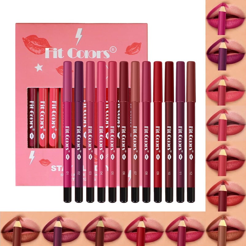 12 Colors Matte Lip Liner Pencil SetCreamy Matte Velvet LipstickOne Step Lips Makeup KitFit Colors Long Lasting Waterproof Smooth High Pigmented Lip Makeup Pencil for Daily