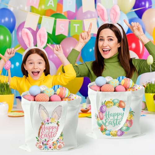 Zainpe 3Pcs Easter Gift Canvas Bags Egg Bunny Tote Treat Bags with Handle for Kids, Reusable Large Capacity Handbag Happy Easter Rabbit Flower Trick Baskets Handbags Spring Candy Party Favor Supplies - Image 4