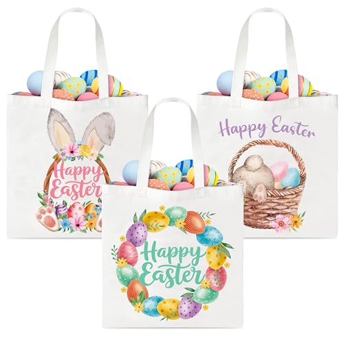 Zainpe 3Pcs Easter Gift Canvas Bags Egg Bunny Tote Treat Bags with Handle for Kids, Reusable Large Capacity Handbag Happy Easter Rabbit Flower Trick Baskets Handbags Spring Candy Party Favor Supplies - Image 1