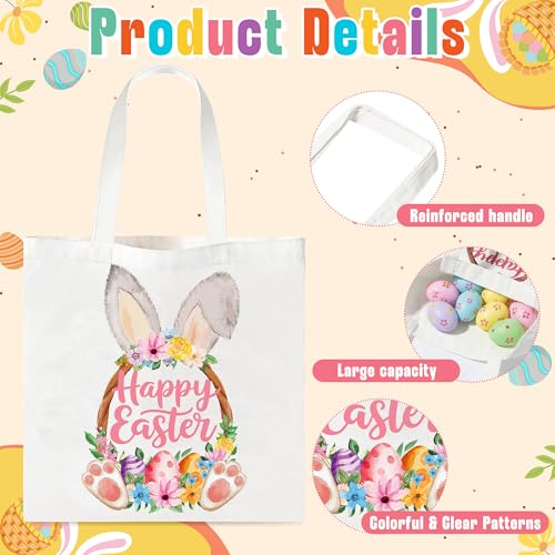 Zainpe 3Pcs Easter Gift Canvas Bags Egg Bunny Tote Treat Bags with Handle for Kids, Reusable Large Capacity Handbag Happy Easter Rabbit Flower Trick Baskets Handbags Spring Candy Party Favor Supplies - Image 3