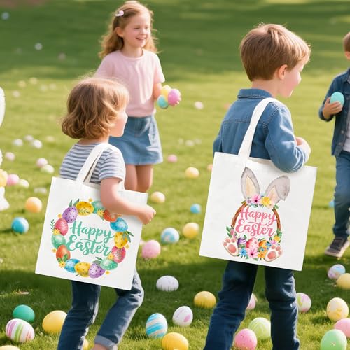 Zainpe 3Pcs Easter Gift Canvas Bags Egg Bunny Tote Treat Bags with Handle for Kids, Reusable Large Capacity Handbag Happy Easter Rabbit Flower Trick Baskets Handbags Spring Candy Party Favor Supplies - Image 5