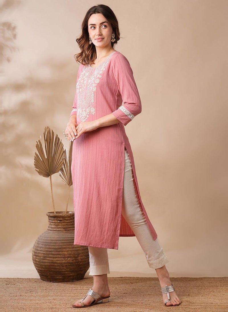 Globus Women Pink Sequinned Floral Yoke Embroidered Straight Kurta - Image 3