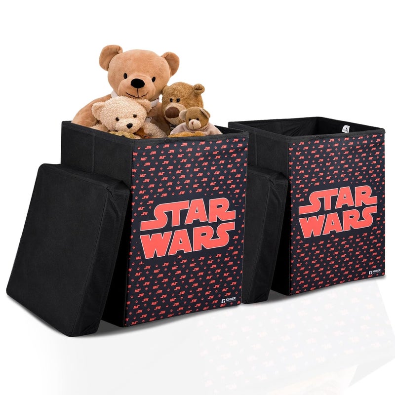 Kuber Industries Toy Storage Box | Laundry Basket for Toys | Folding Laundry Basket | Clothes Hamper with Lid & Handles | Storage Basket for Bathroom | Star Wars | 60 LTR | Pack of 2 | Black - Image 1