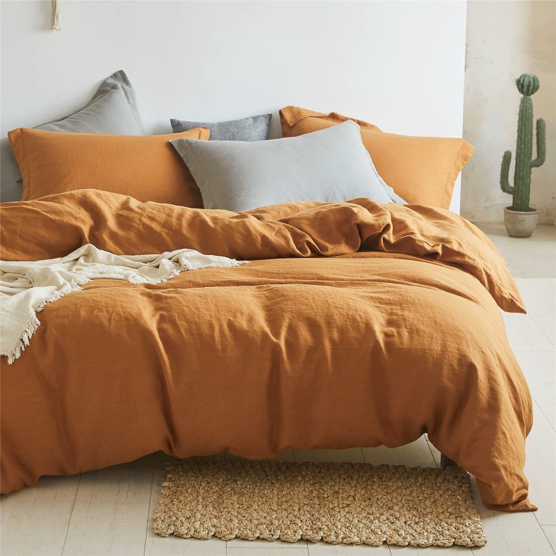 SimpleOpulence 100 Linen Duvet Cover Set 2pcs Basic Style Natural French Washed Flax Solid Color Soft Breathable Farmhouse Bedding with Button Closure  Rust Twin