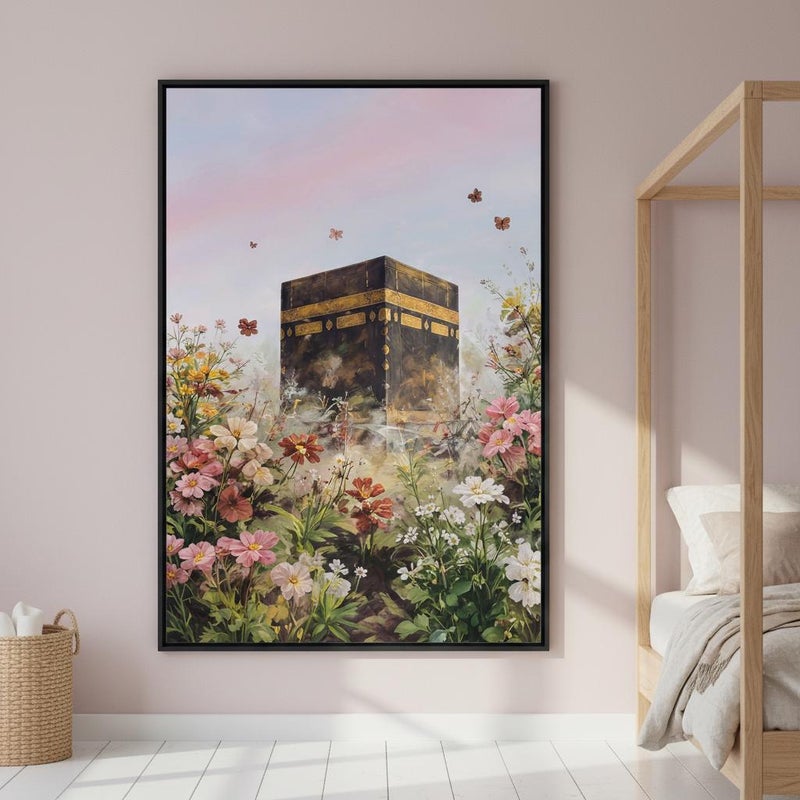 TNESSENTIAL Islamic Kaaba Art Print | Spring Floral Butterfly Wall Decor, Pastel Sky Calligraphy - Image 1