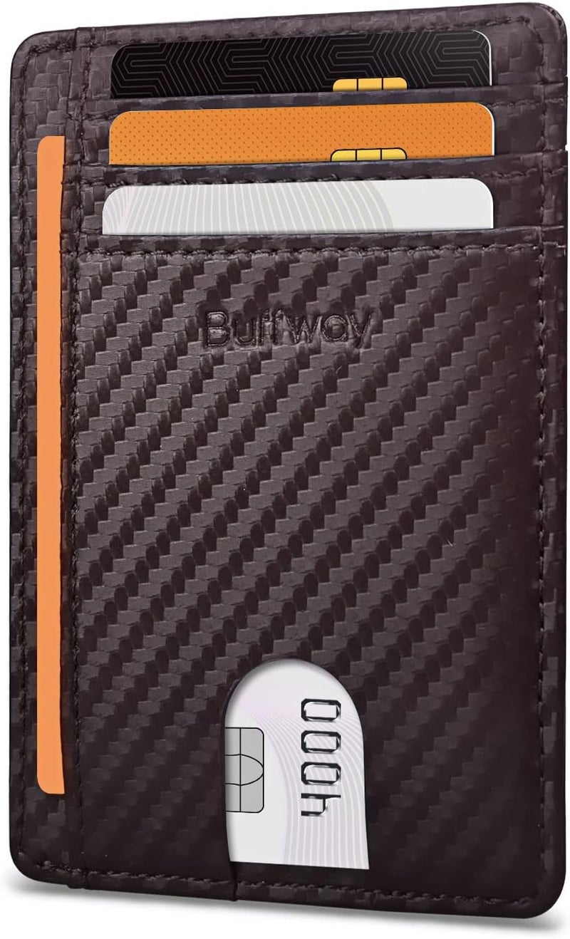Buffway Slim Minimalist Front Pocket RFID Blocking Leather Wallets for Men and Women - Carbon Fiber Coffee - Image 1