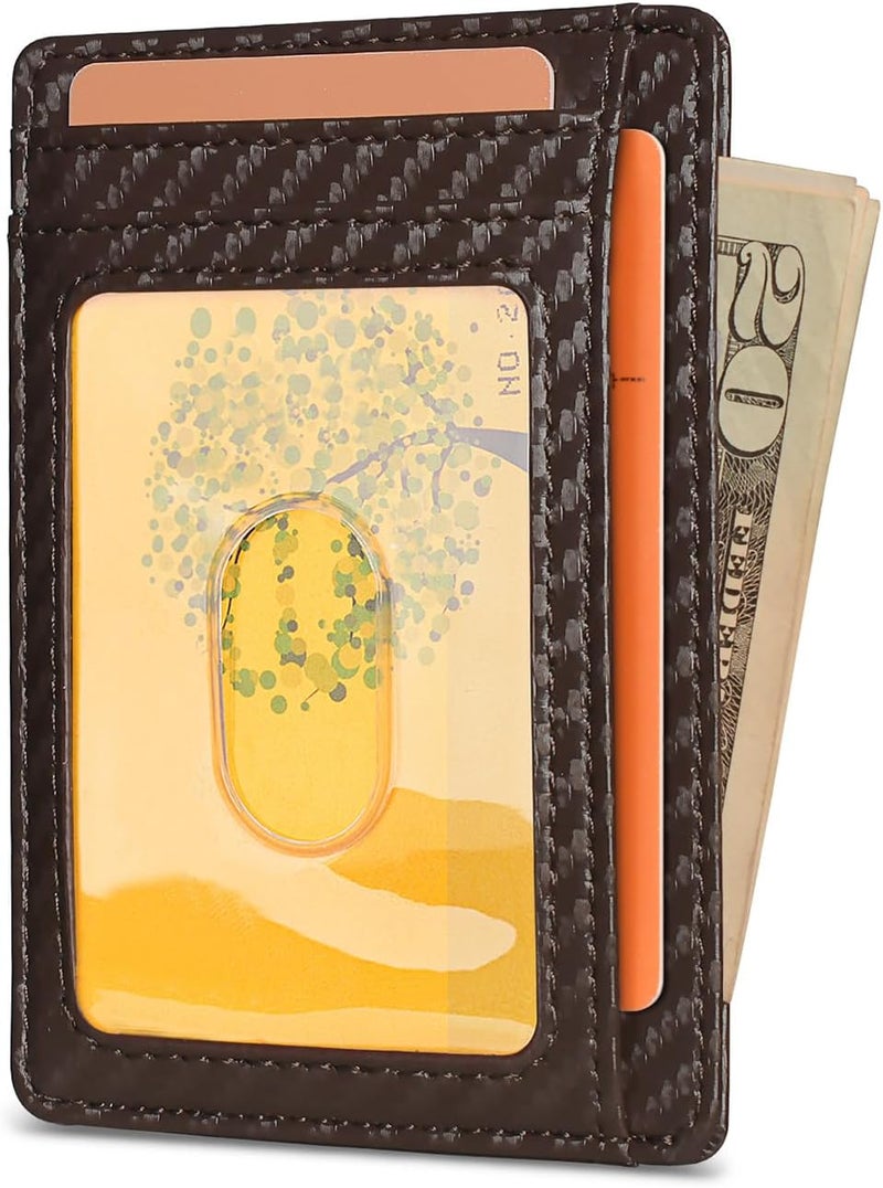 Buffway Slim Minimalist Front Pocket RFID Blocking Leather Wallets for Men and Women - Carbon Fiber Coffee - Image 2