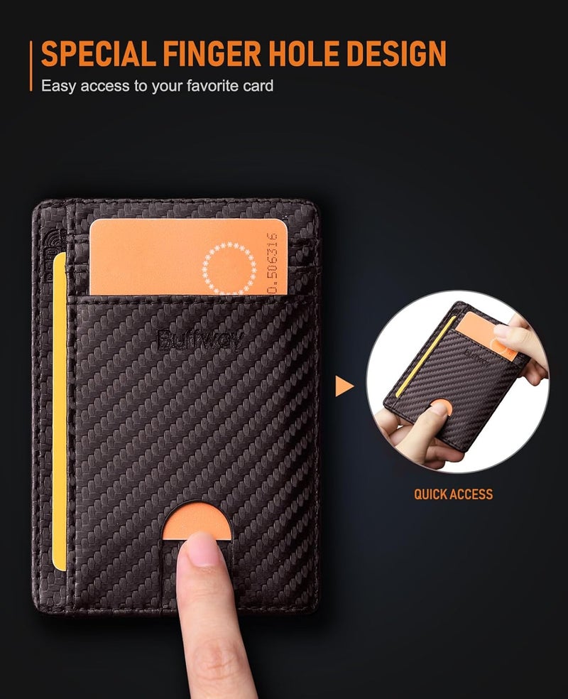 Buffway Slim Minimalist Front Pocket RFID Blocking Leather Wallets for Men and Women - Carbon Fiber Coffee - Image 5