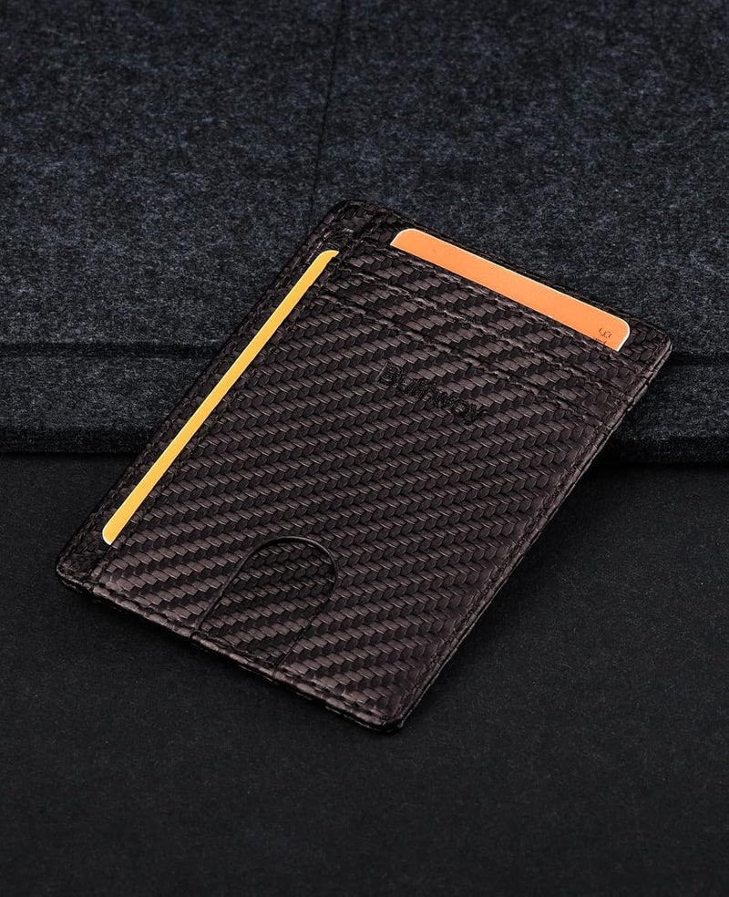 Buffway Slim Minimalist Front Pocket RFID Blocking Leather Wallets for Men and Women - Carbon Fiber Coffee - Image 4