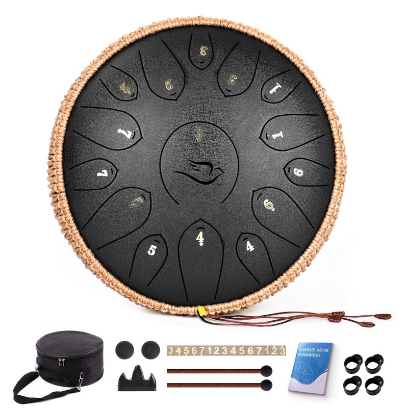 natraldrum Steel Tongue Drum, 12 Inch 15 Note Tongue Drums, Handpan Drums Percussion Instrument for Kids & Adults, Hand Pan Drum with Music Book, Drum Mallets and Carry Bag, Major C (Black) - Image 1