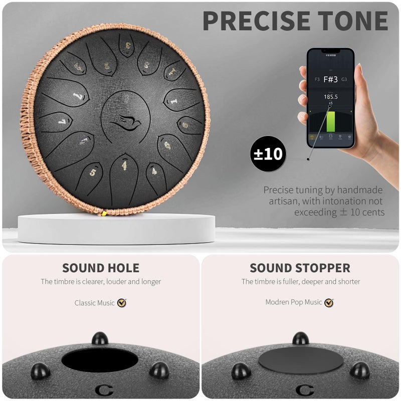natraldrum Steel Tongue Drum, 12 Inch 15 Note Tongue Drums, Handpan Drums Percussion Instrument for Kids & Adults, Hand Pan Drum with Music Book, Drum Mallets and Carry Bag, Major C (Black) - Image 3