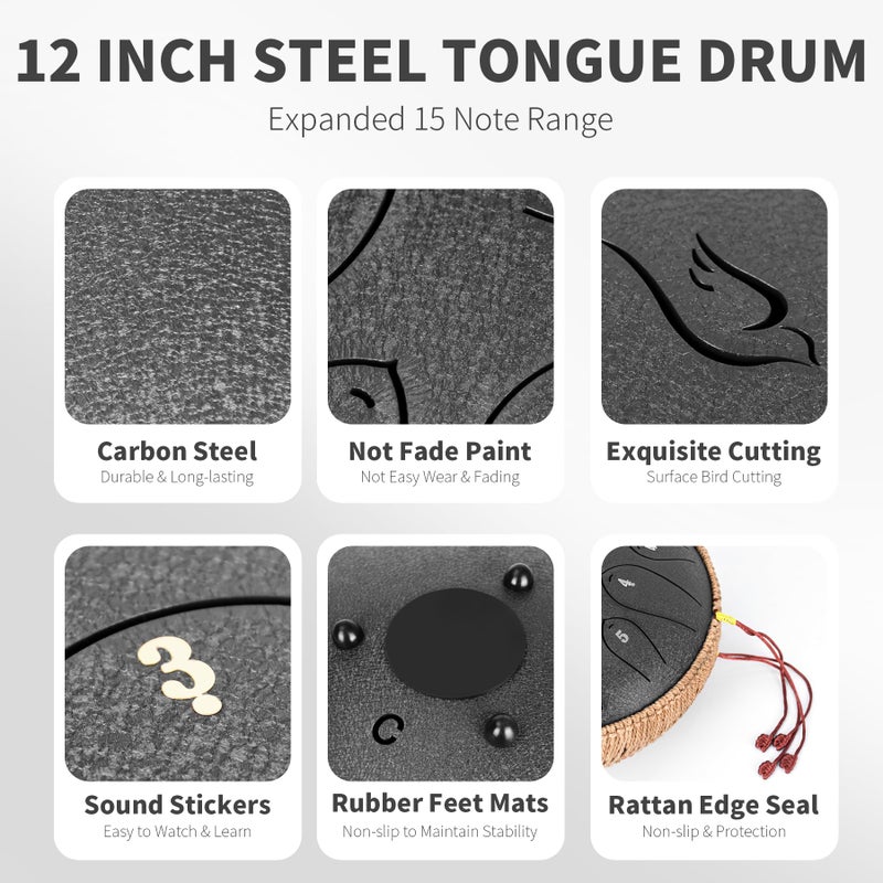 natraldrum Steel Tongue Drum, 12 Inch 15 Note Tongue Drums, Handpan Drums Percussion Instrument for Kids & Adults, Hand Pan Drum with Music Book, Drum Mallets and Carry Bag, Major C (Black) - Image 2