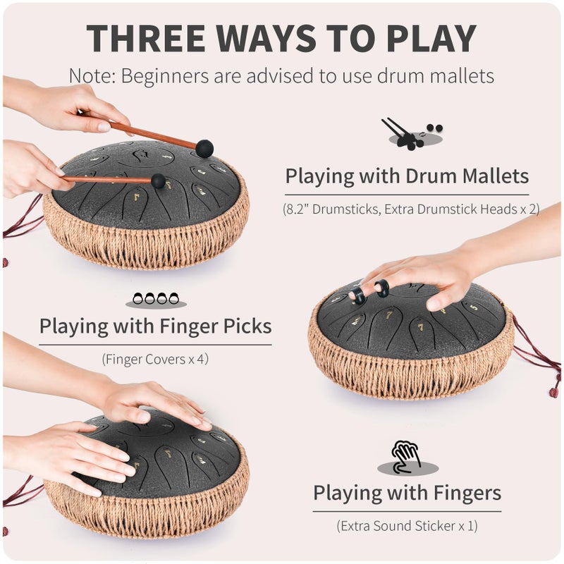 natraldrum Steel Tongue Drum, 12 Inch 15 Note Tongue Drums, Handpan Drums Percussion Instrument for Kids & Adults, Hand Pan Drum with Music Book, Drum Mallets and Carry Bag, Major C (Black) - Image 5