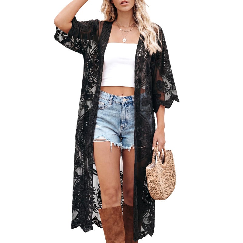 Funnysoft Kimonos for Women Lace Cardigan Swimsuit Cover up Summer Kimono Cardigan Open Front Sheer Long Boho Coverup(Black) - Image 1