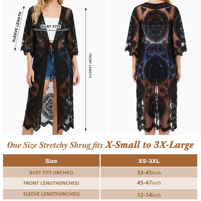 Funnysoft Kimonos for Women Lace Cardigan Swimsuit Cover up Summer Kimono Cardigan Open Front Sheer Long Boho Coverup(Black) - Image 2