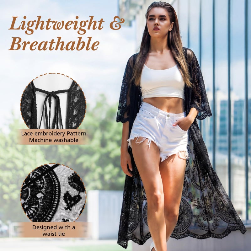 Funnysoft Kimonos for Women Lace Cardigan Swimsuit Cover up Summer Kimono Cardigan Open Front Sheer Long Boho Coverup(Black) - Image 3