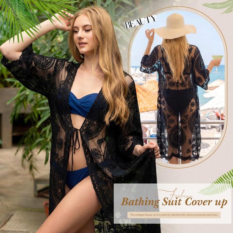 Funnysoft Kimonos for Women Lace Cardigan Swimsuit Cover up Summer Kimono Cardigan Open Front Sheer Long Boho Coverup(Black) - Image 4