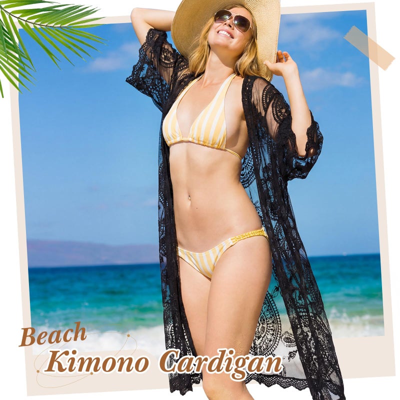 Funnysoft Kimonos for Women Lace Cardigan Swimsuit Cover up Summer Kimono Cardigan Open Front Sheer Long Boho Coverup(Black) - Image 5