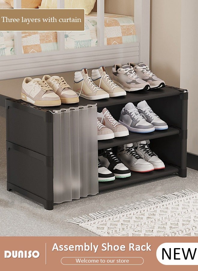 DUNISO 3 Tier Assembly Shoe Rack Storage Box with Curtain, Entryway Sturdy Shoe Organizer, Standing Shoe Storage Cabinet Space Saving Shoe Shelf,  Stackable Storage Organizer for Closet - Image 1
