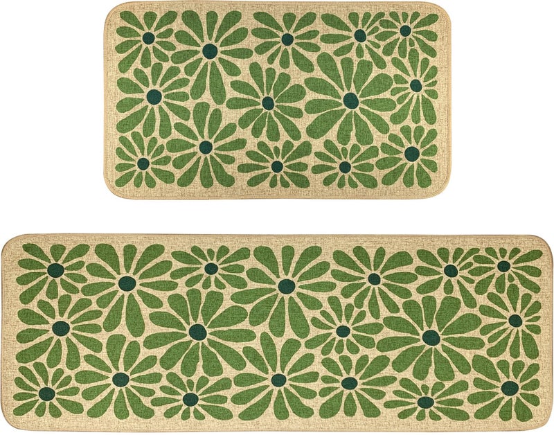 SHIYUE Green Kitchen Mat Set of 2, Boho Flower Kitchen Rugs Farmhouse Modern, Non Skid Washable Rubber Runner Rugs, Kitchen Decor Accessoriesï¼ˆ17x47in+17x30inï¼‰ - Image 1