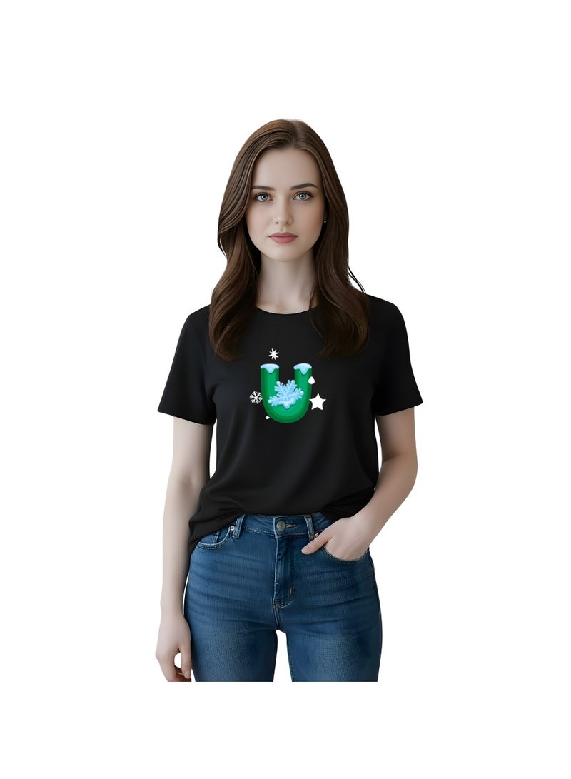 PRINTSHOP4ME Christmas Initial Letter Printed Adult T-Shirts For Womens–Soft Round Neck Cotton Short Sleeve Tshirt - Image 1